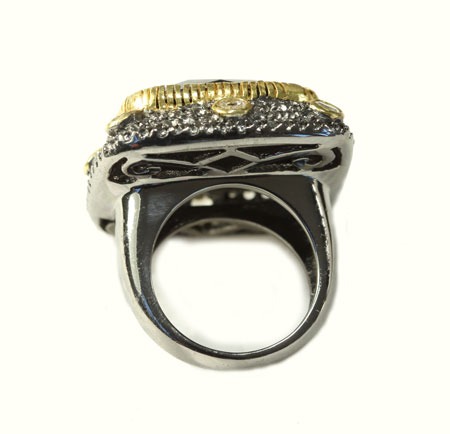 LARGE HEMATITE RING WITH WHITE TOPAZ & VERMEIL