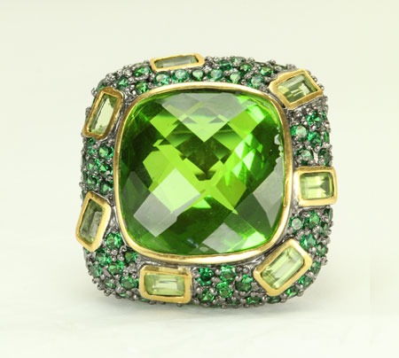 LARGE CELESTIAL QUARTZ STATEMENT RING WITH TSAVORITE , PERIDOT, & VERMEIL