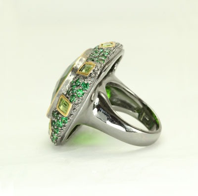 LARGE CELESTIAL QUARTZ STATEMENT RING WITH TSAVORITE , PERIDOT, & VERMEIL