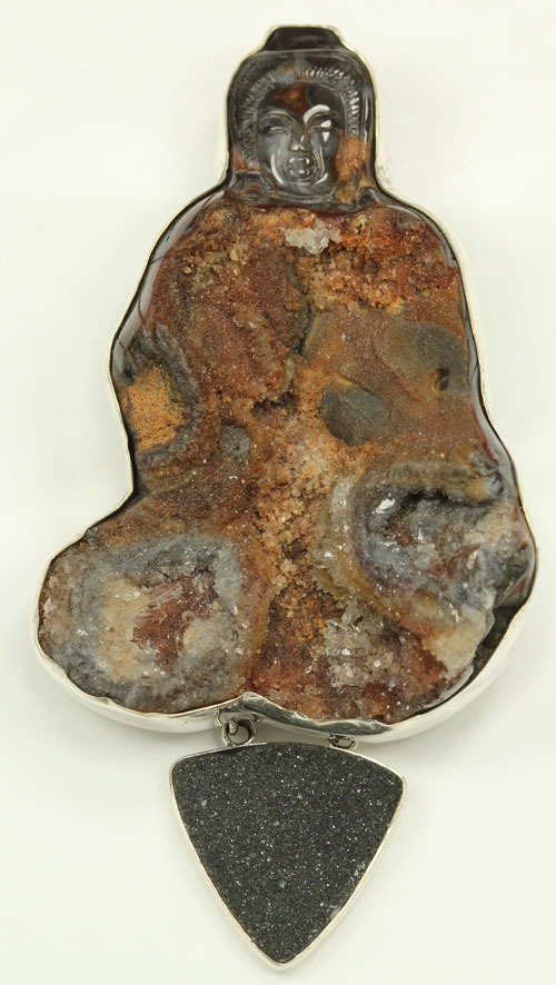 Natural Chalcedony Drusy Quan Yin Pin-Pendant