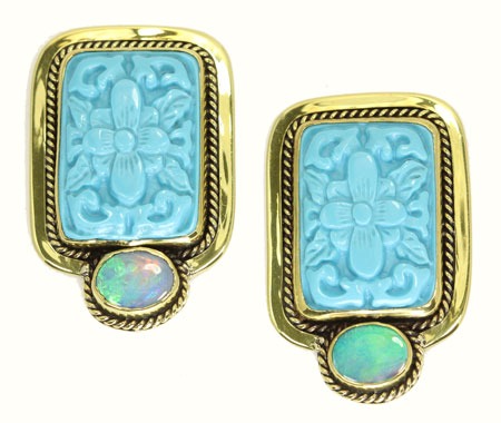 Opal & Hand Carved Turquoise Clip Earrings 