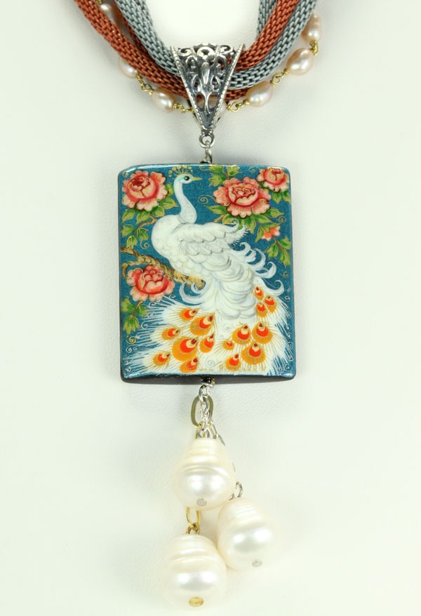 Peacock with Peonies Pendant Necklace