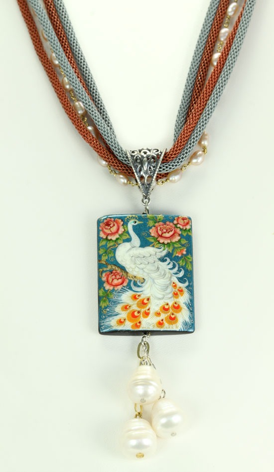 Peacock with Peonies Pendant Necklace