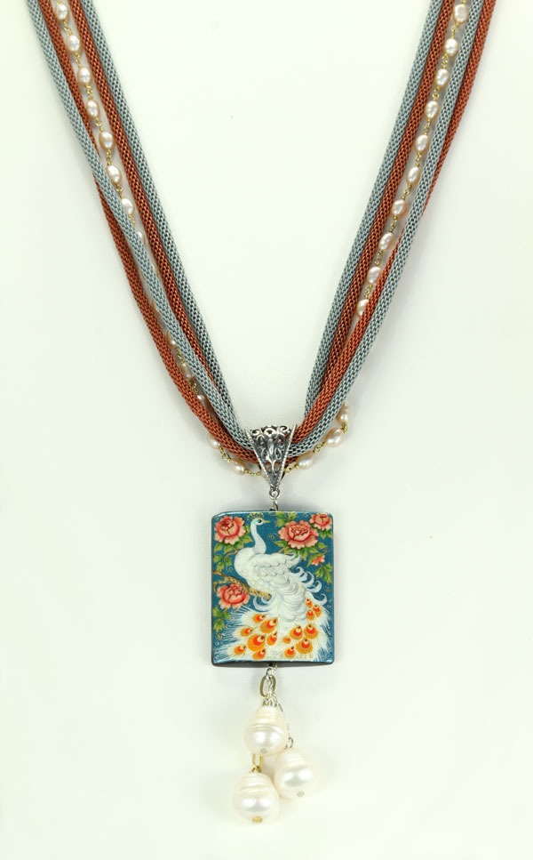 Peacock with Peonies Pendant Necklace