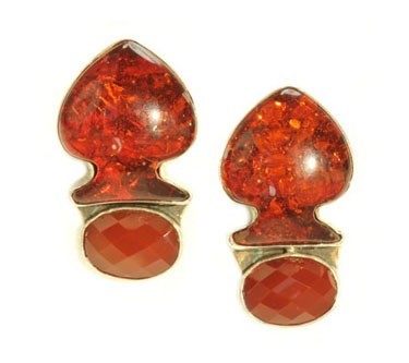 Amber & Carnelian Fish Large Clip Earrings