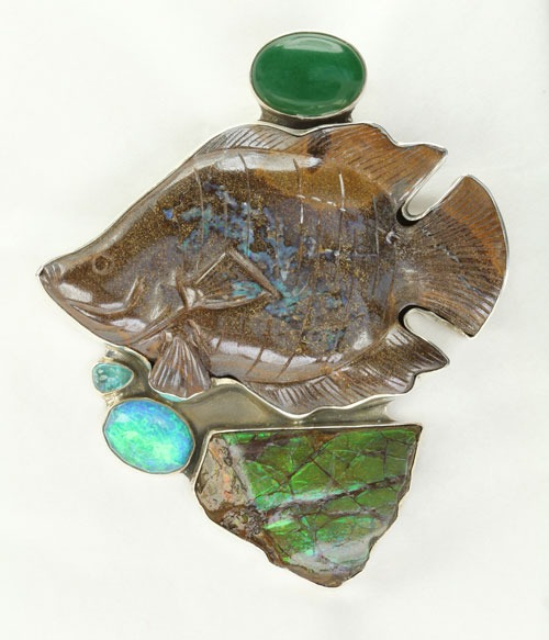 Boulder Opal Fish with Ammolite & Opal