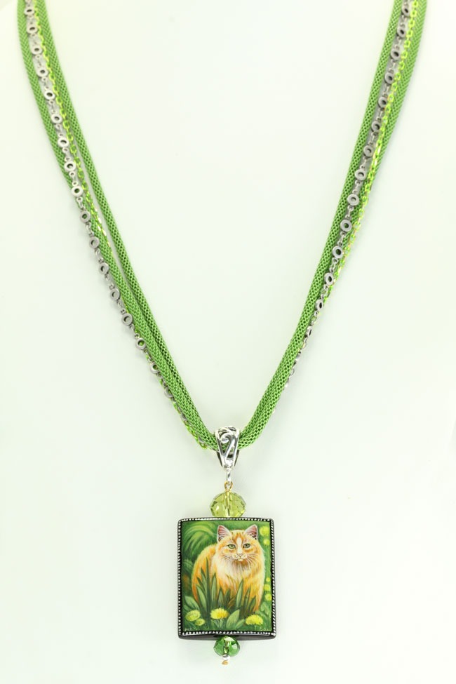 Green-Eyed Cat Pendant Necklace--25" LONG
