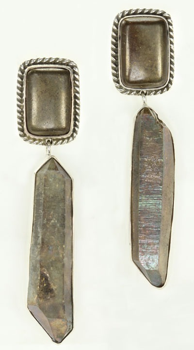Pyrite & Aura Crystal Clip Dangle Earrings