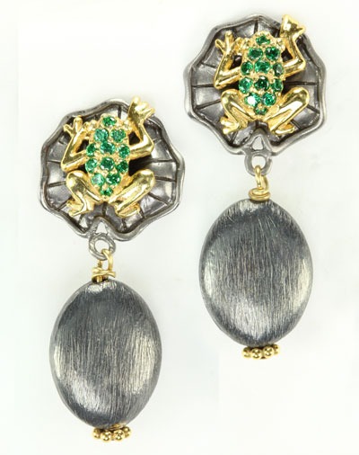 Vermeil & Tsavorite Frog Post Dangle Earrings
