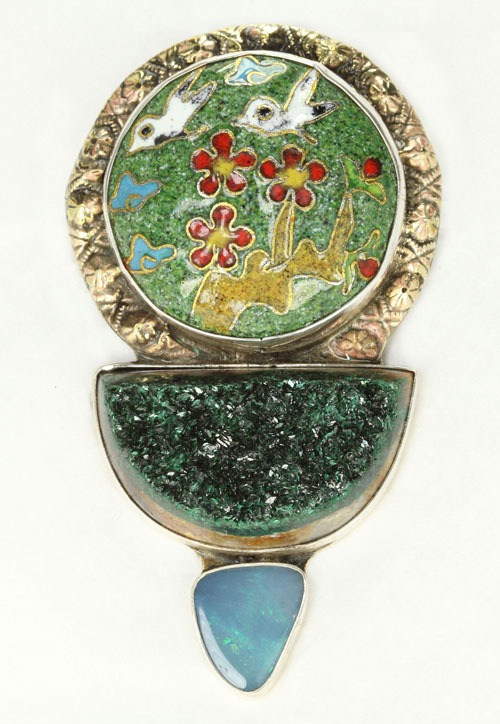 Vintage Cloisonne Pin-Pendant WITH OPAL & UVAROVITE