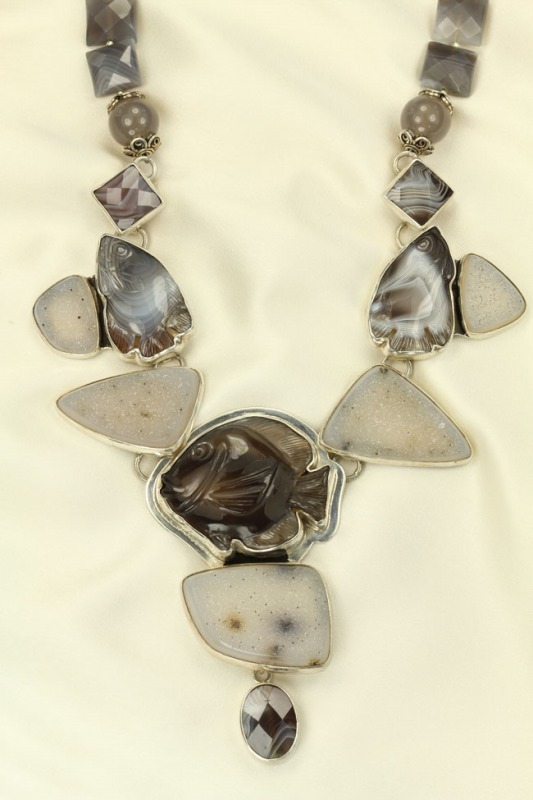 Botswana Agate & Moonstone Asymmetrical Clip Earrngs