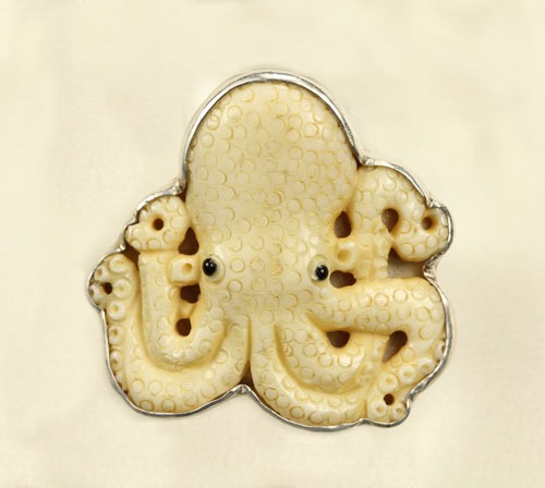 Hand Carved Bone Octopus Ring--MATCHING PIN-PENDANT