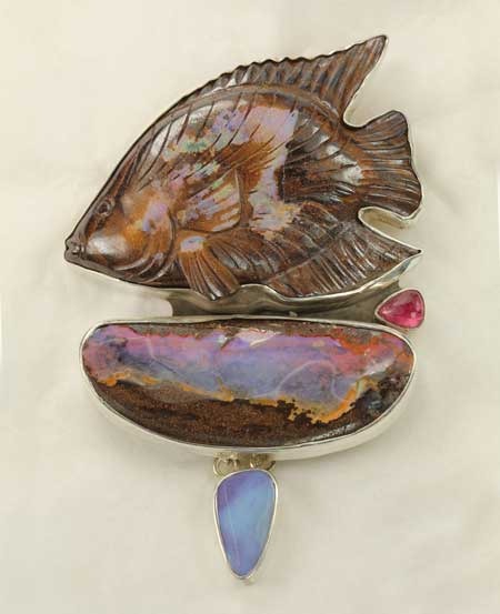 Carved Boulder Opal Fish Pin-Pendant