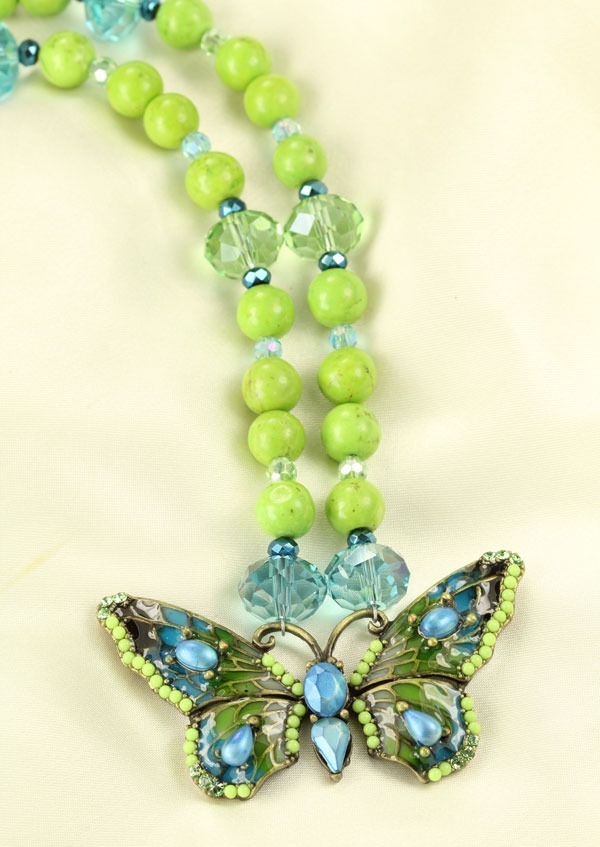 Enamel Butterfly Necklace with Green Turquoise Stranding