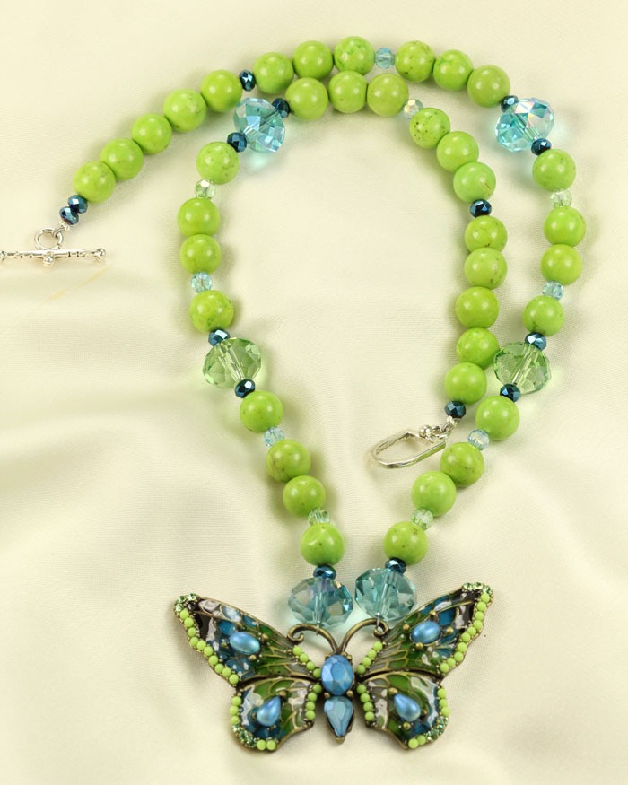 Enamel Butterfly Necklace with Green Turquoise Stranding