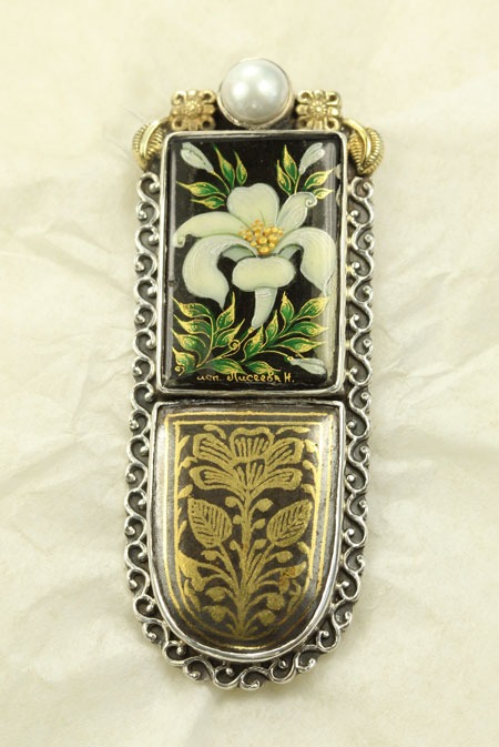 Hand Painted Lily Pin-Pendant with Koftgari