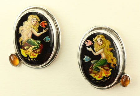 Hand Painted Mermaid with Golden Hair Post Earrings