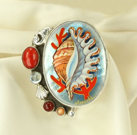 Hand Painted Shell Ring with Gemstones MATCHING PIN-PENDANT AVAILABLE
