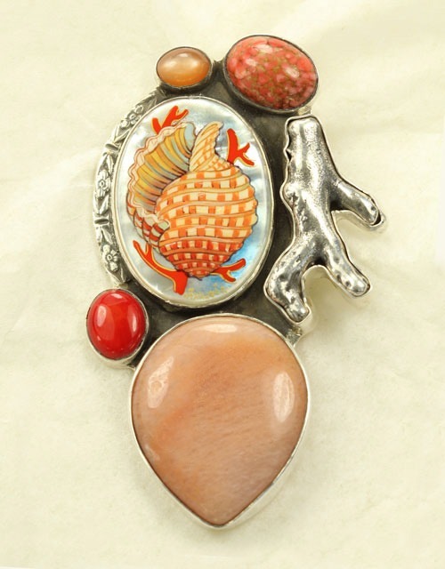 Hand Painted Shell Ring with Gemstones MATCHING PIN-PENDANT AVAILABLE