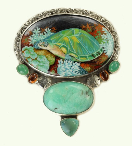  Russian Hand Painting on Black Onyx Pin-Pendant--Miniature Sea Turtle