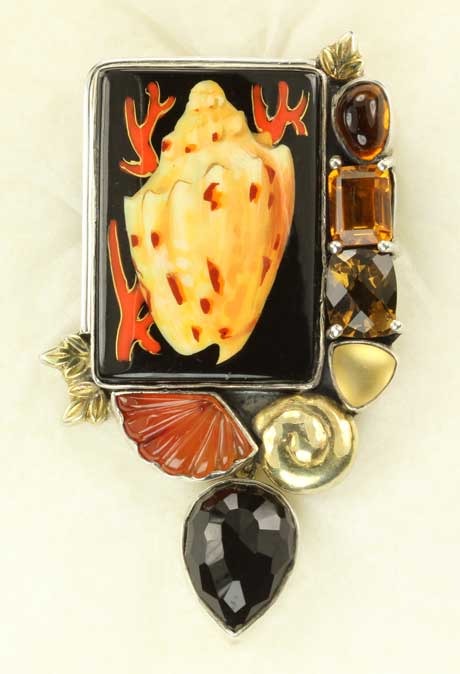 Russian Hand Painting Shell with Coral & Gemstones