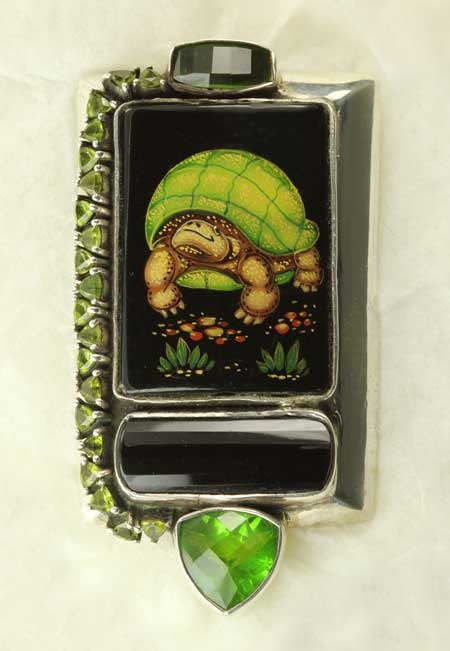 Russian Hand Painted Pin-Pendant Turtle with Vesuvanite