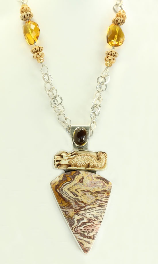 Swirly Jasper & Whiskey Quartz Pendant Necklace--32" LONG