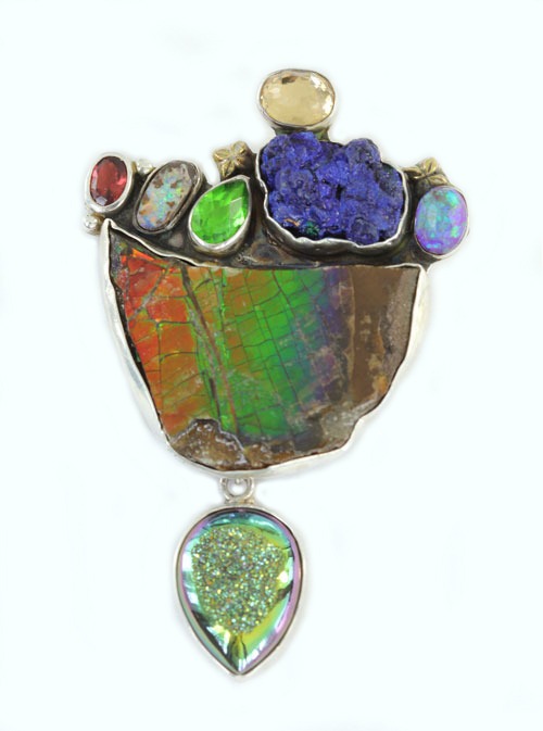 Ammolite Pin-Pendant with Gem Cluster  