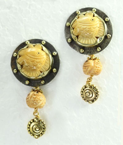 Carved Fish Post Dangle Earrings