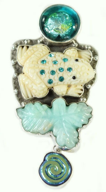 Carved Peruvian Opal & Carved Bone Pin-Pendant