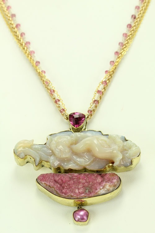 Carved Opal & Cobalto Calcite Pendant