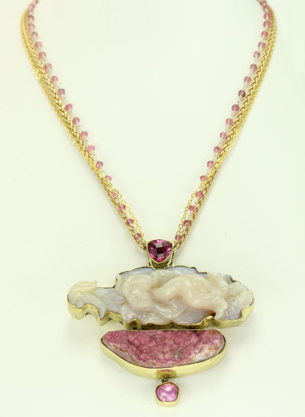 Carved Opal & Cobalto Calcite Pendant