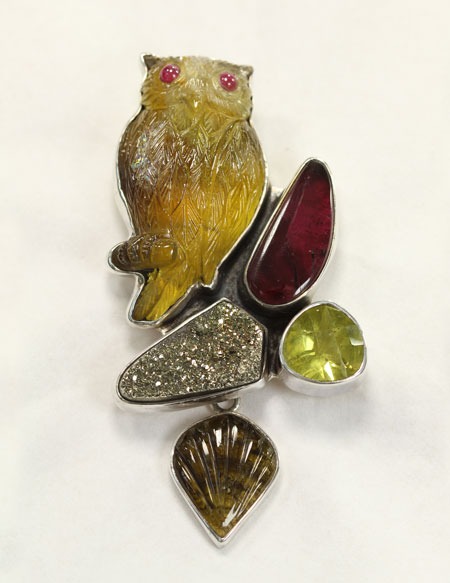 Carved Tourmaline Owl Pin-Pendant
