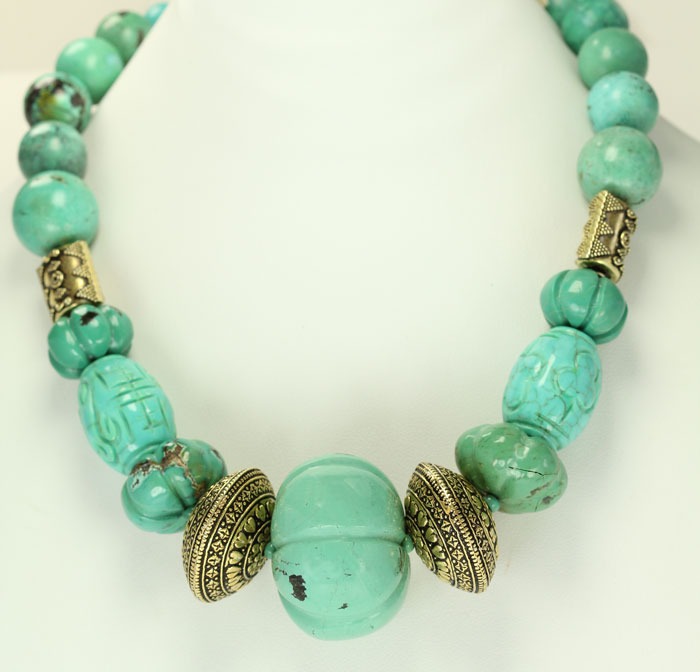 Carved Turquoise & Vintage Brass Necklace