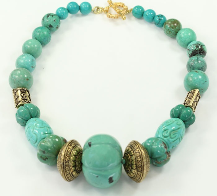 Carved Turquoise & Vintage Brass Necklace