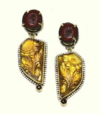Carved Whiskey Quartz Clip Earrings