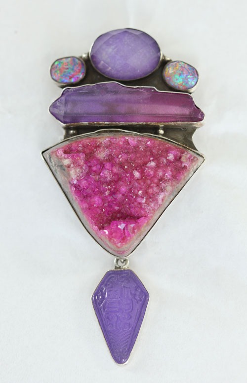 Cobalto Calcite & Aura Crystal Pin-Pendant  