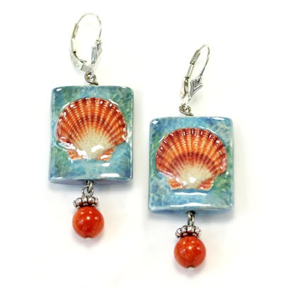 Coral Scallop Shell Lever Back Earrings
