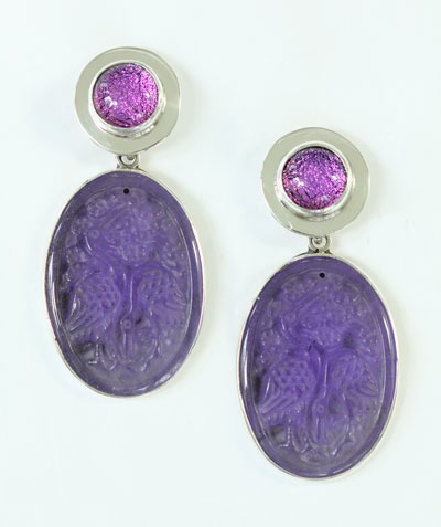 Dichroic Glass & Carved Purple Quartz Post Earrings