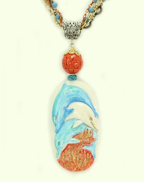Dolphins & Coral Hand Painted on Bone