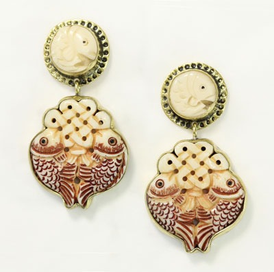 Double Fish Scrimshaw Post Earrings