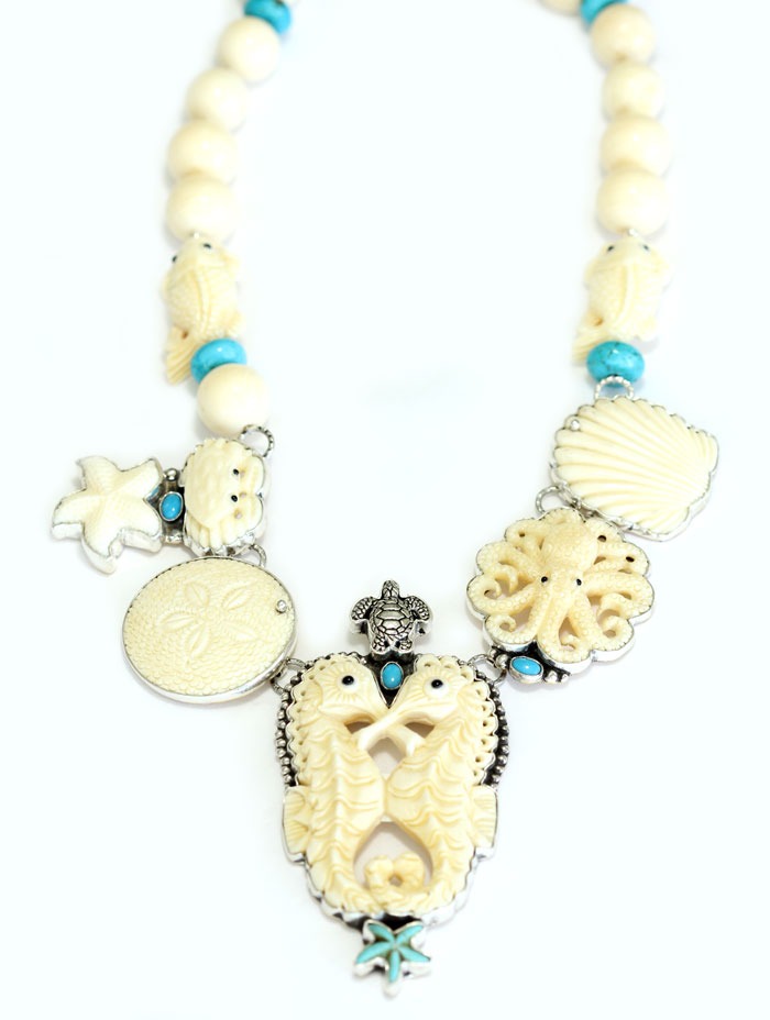 Carved Double Seahorse Statement Collar with Turquoise