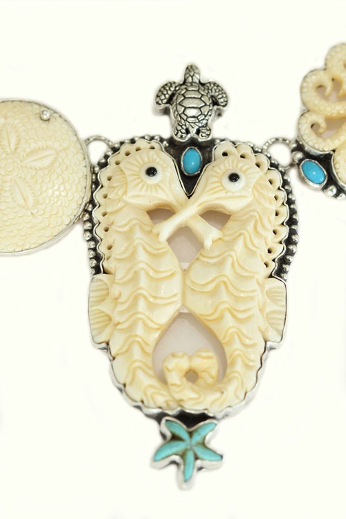 Carved Double Seahorse Statement Collar with Turquoise