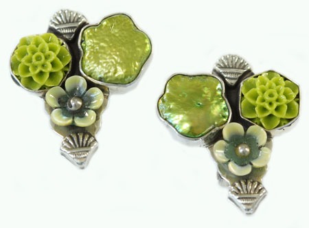 Green Coral & Pearl Clip Earrings