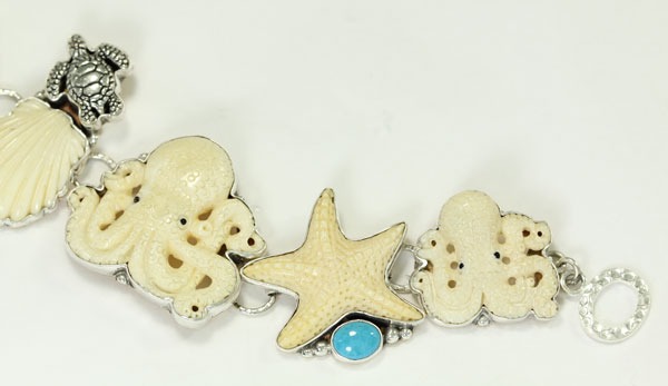 Hand Carved Bone Sea Life Bracelet with Turquoise