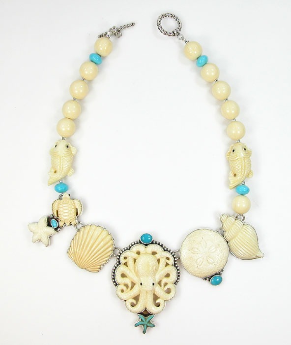 Hand Carved Bone Sea Life Bracelet with Turquoise