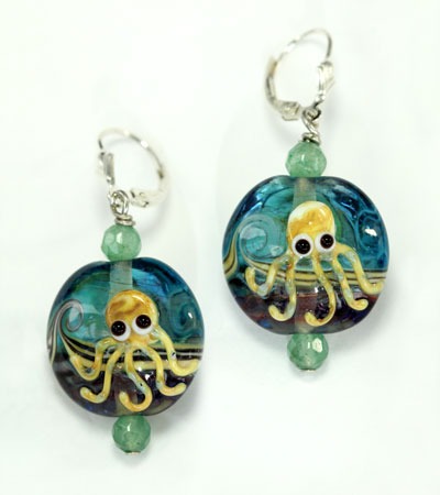 Hand Painted Glass Octopus Lever Back Earrings