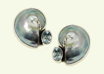 Iridescent Shell Clip Earrings with Blue Topaz