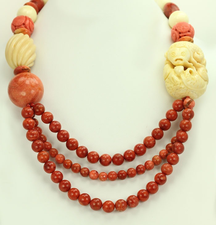 Large Bone & Coral Statement Necklace