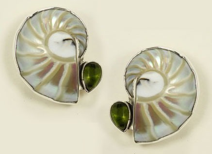 Large Nautilus Shell Clip Earrings with Vesuvanite